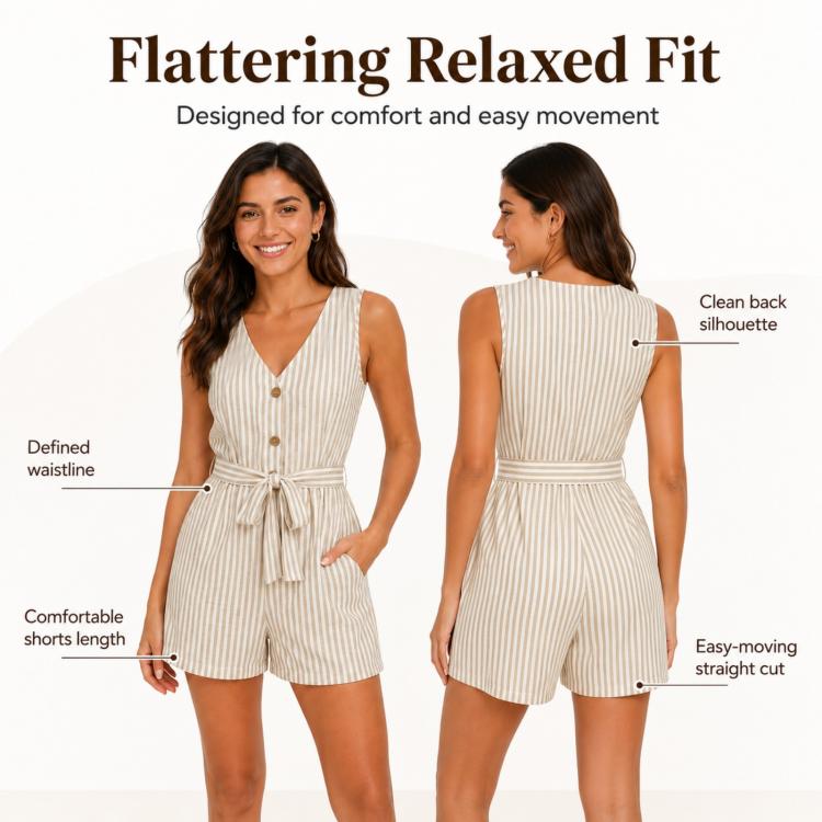 Tuta corta a righe senza maniche con scollo a V, L, XL