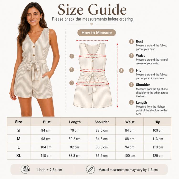 Tuta corta a righe senza maniche con scollo a V, S, M