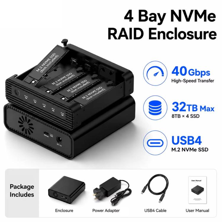 Box esterno per SSD Blueendless USB4 NVMe M.2, 40 Gbps, quadruplo alloggiamento, supporto Soft RAID 0/1/5, capacità 32 TB, US Plug, EU Plug, UK Plug, AU Plug