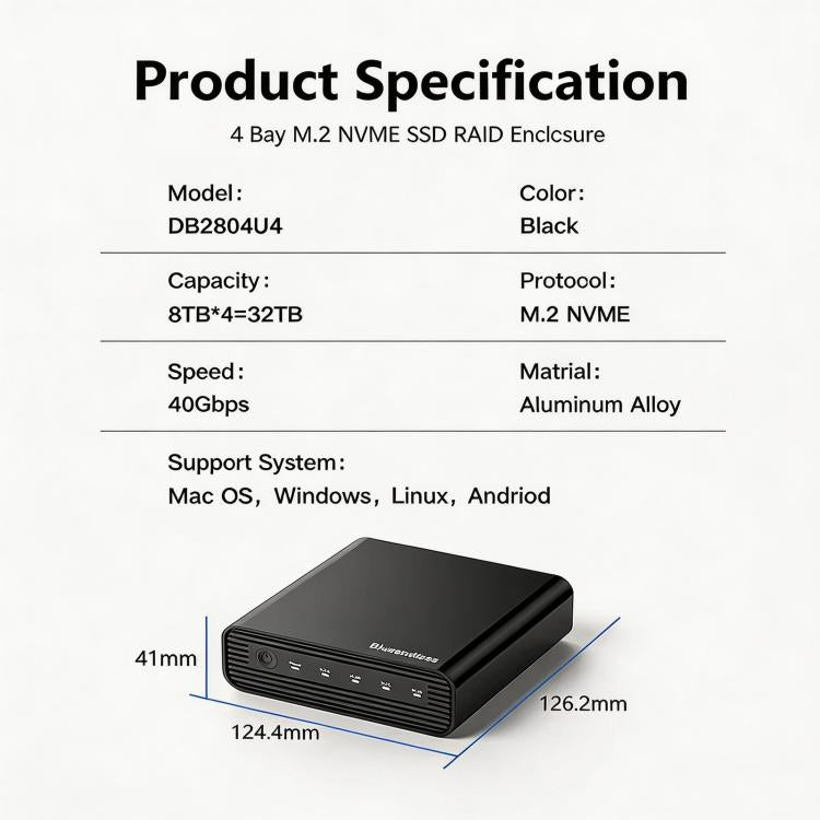 Box esterno per SSD Blueendless USB4 NVMe M.2, 40 Gbps, quadruplo alloggiamento, supporto Soft RAID 0/1/5, capacità 32 TB, US Plug, EU Plug, UK Plug, AU Plug