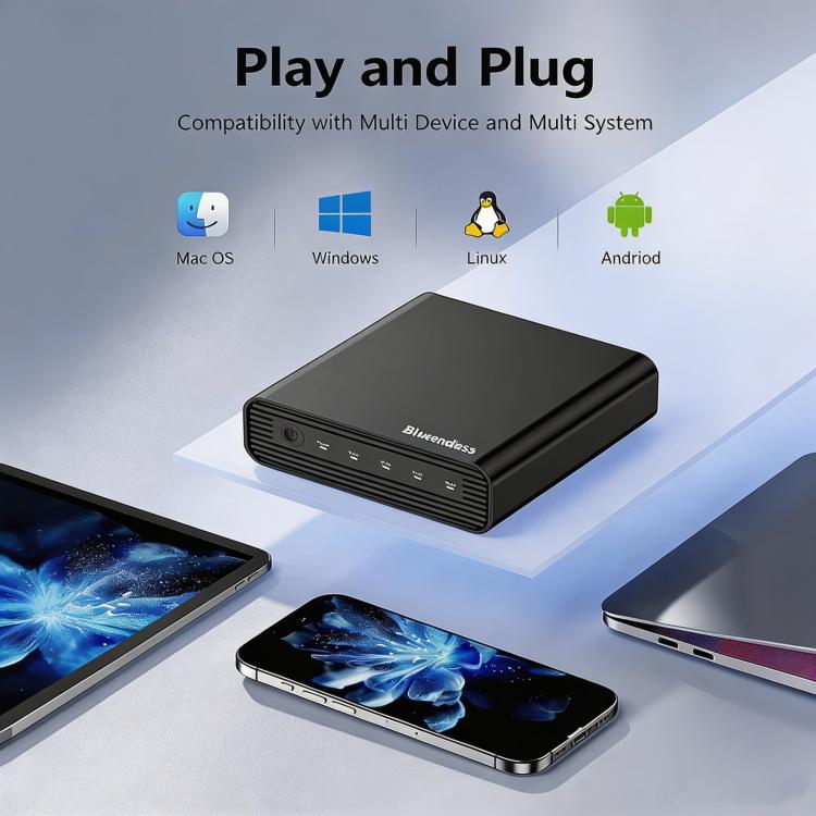 Box esterno per SSD Blueendless USB4 NVMe M.2, 40 Gbps, quadruplo alloggiamento, supporto Soft RAID 0/1/5, capacità 32 TB, US Plug, EU Plug, UK Plug, AU Plug