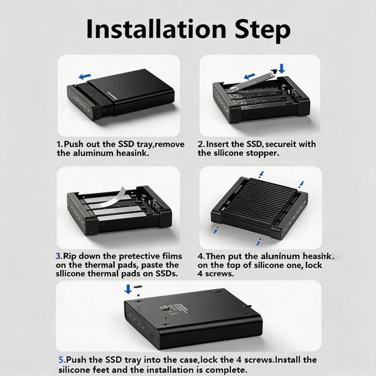Box esterno per SSD Blueendless USB4 NVMe M.2, 40 Gbps, quadruplo alloggiamento, supporto Soft RAID 0/1/5, capacità 32 TB, US Plug, EU Plug, UK Plug, AU Plug