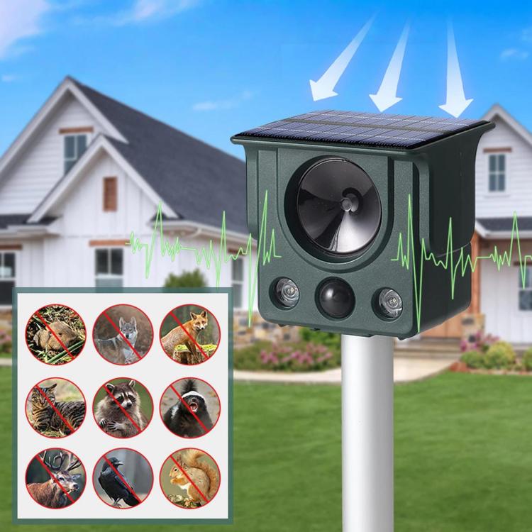 Repellente per animali a energia solare con sensore a infrarossi, LED stroboscopico e ultrasuoni.