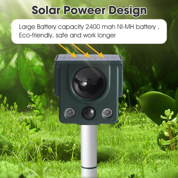 Repellente per animali a energia solare con sensore a infrarossi, LED stroboscopico e ultrasuoni.