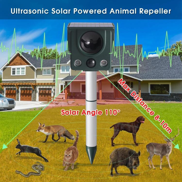Repellente per animali a energia solare con sensore a infrarossi, LED stroboscopico e ultrasuoni.