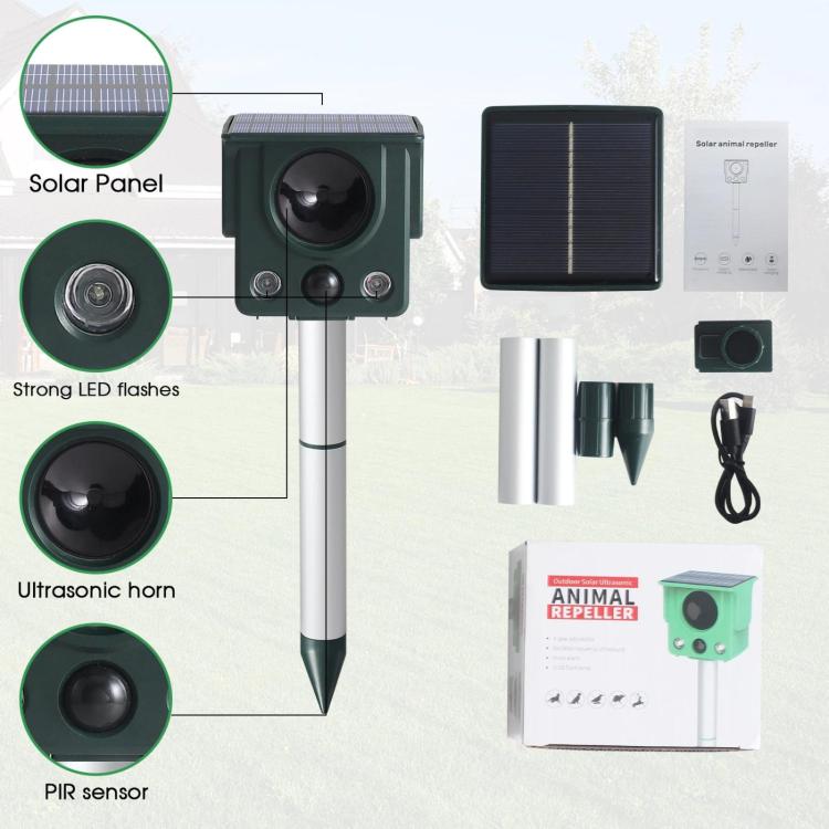 Repellente per animali a energia solare con sensore a infrarossi, LED stroboscopico e ultrasuoni.