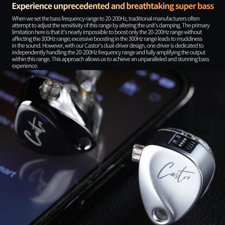Auricolari in-ear KZ-Castor regolabili con doppio driver e cavo da 1,2 m, No Mic, With Mic, Enhanced Bass No Mic, Enhanced Bass With Mic