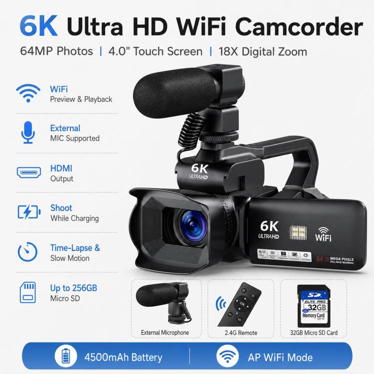Videocamera digitale 64MP 6K zoom 18x schermo touch 4"