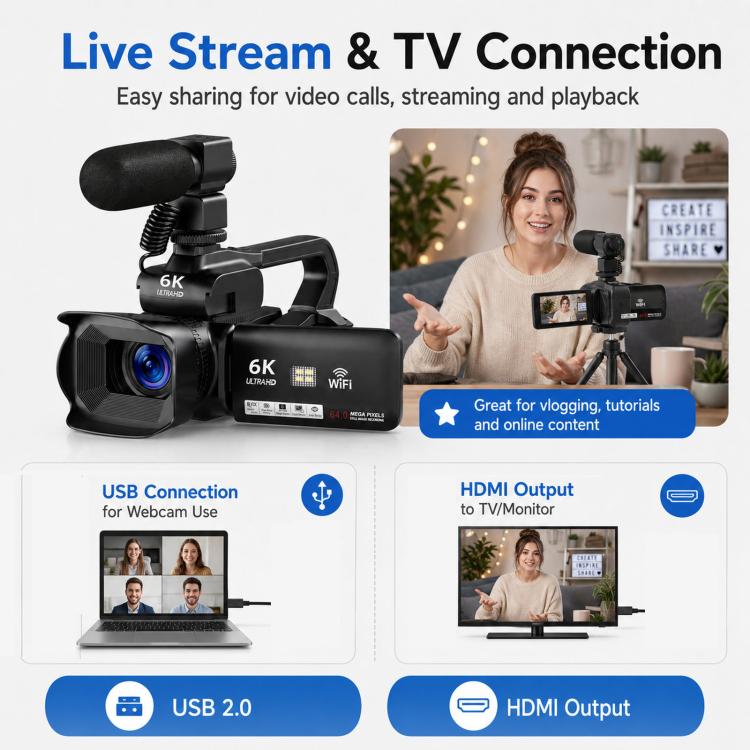 Videocamera digitale 64MP 6K zoom 18x schermo touch 4"