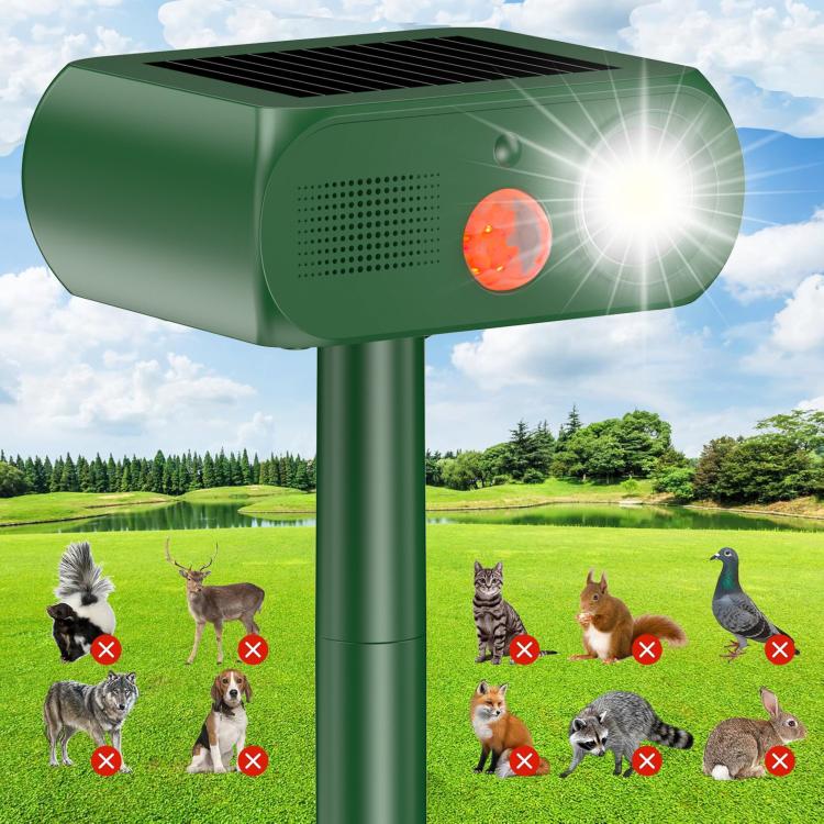 Repellente solare per animali da esterno, dissuasore per gatti a ultrasuoni per giardino con sensore di movimento PIR, 4 modalità, dissuasore per uccelli a ultrasuoni, dissuasore per cani da giardino con luce LED lampeggiante