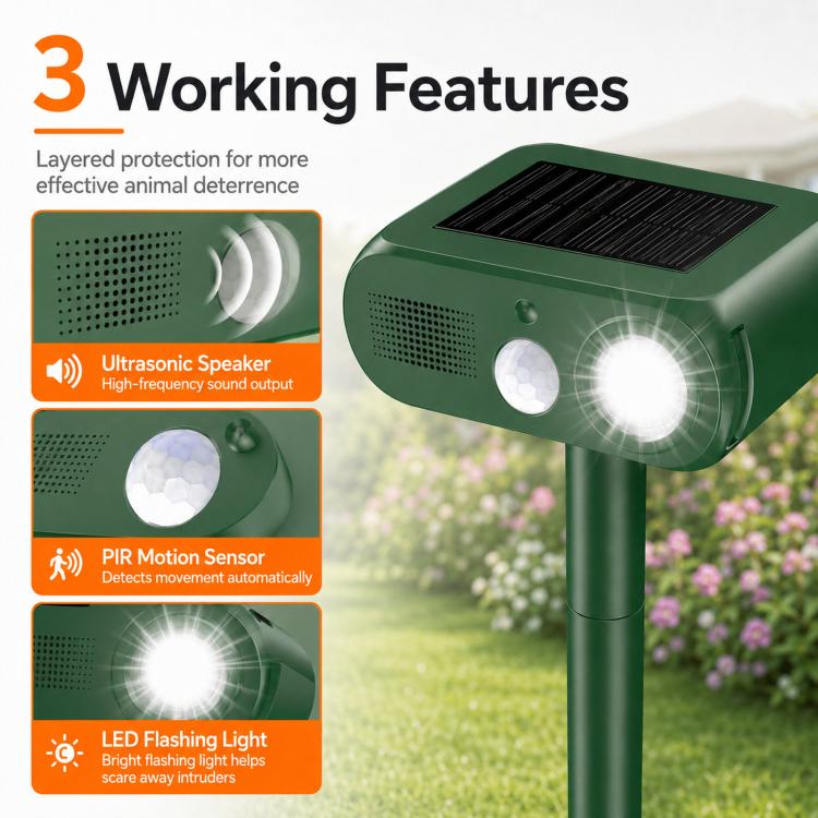 Repellente solare per animali da esterno, dissuasore per gatti a ultrasuoni per giardino con sensore di movimento PIR, 4 modalità, dissuasore per uccelli a ultrasuoni, dissuasore per cani da giardino con luce LED lampeggiante