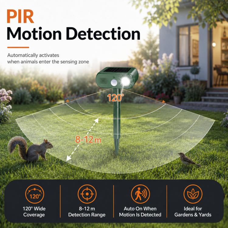 Repellente solare per animali da esterno, dissuasore per gatti a ultrasuoni per giardino con sensore di movimento PIR, 4 modalità, dissuasore per uccelli a ultrasuoni, dissuasore per cani da giardino con luce LED lampeggiante