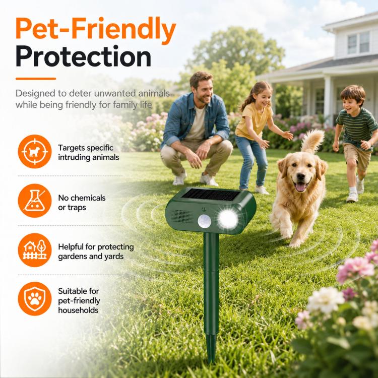 Repellente solare per animali da esterno, dissuasore per gatti a ultrasuoni per giardino con sensore di movimento PIR, 4 modalità, dissuasore per uccelli a ultrasuoni, dissuasore per cani da giardino con luce LED lampeggiante