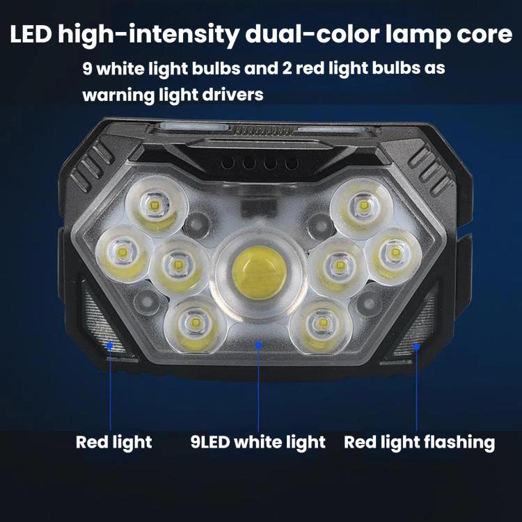 Lampada frontale intelligente GY26 con 9 LED e sensore di movimento, luce rossa COB impermeabile per esterni, ideale per la pesca notturna., Rechargeable, Battery