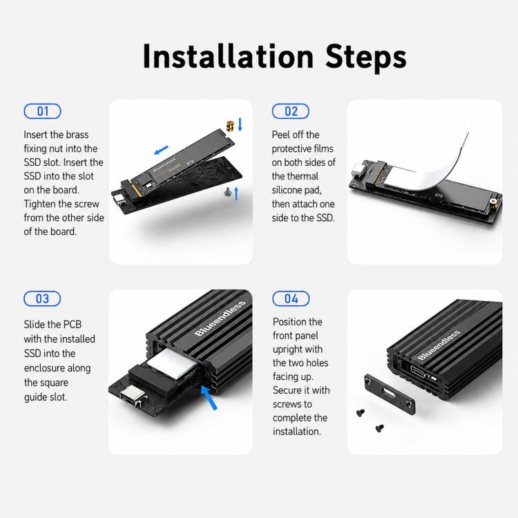 Box esterno per SSD M.2 NVMe Blueendless M6NA da 20 Gbps, con interfaccia USB 3.2 Gen 2x2 Type-C e custodia in alluminio per SSD 2230/2242/2260/2280 fino a 8 TB., M6NA