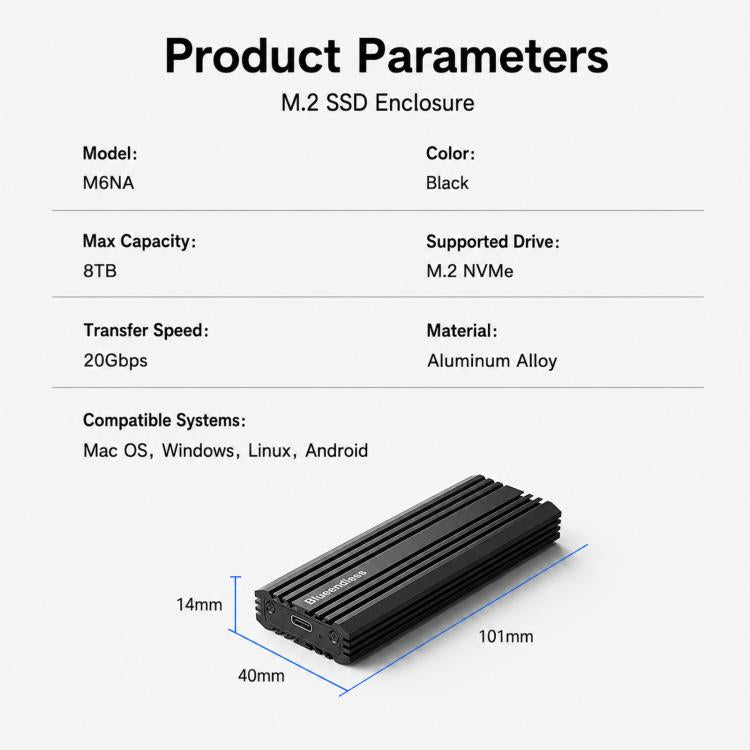 Box esterno per SSD M.2 NVMe Blueendless M6NA da 20 Gbps, con interfaccia USB 3.2 Gen 2x2 Type-C e custodia in alluminio per SSD 2230/2242/2260/2280 fino a 8 TB., M6NA