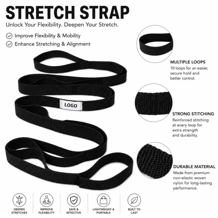 Cinghia per stretching yoga a 10 anelli da 74,8 pollici, non elastica, per fisioterapia, stretching dei muscoli posteriori della coscia e pilates.