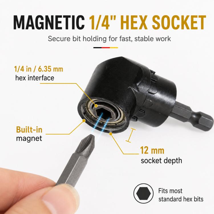Accessorio per trapano ad angolo di 105 gradi, attacco esagonale da 1/4 di pollice, adattatore magnetico per cacciavite ad angolo, strumento per angoli per cacciavite
