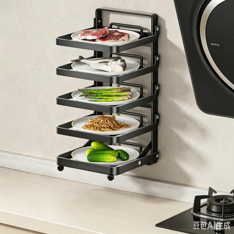 Scaffale da cucina a più livelli per la preparazione degli alimenti, pieghevole, per riporre gli alimenti, Black 4-layer Desktop, Black 5-layer Desktop, White 4-layer Desktop, White 5-layer Desktop, Black 4-layer Wall-mounted, Black 5-layer Wall-mounte...