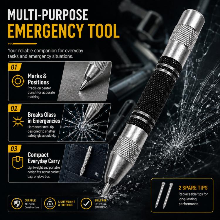 Punzone centrale automatico da 5 pollici, punzone centrale a molla, tracciatore per metallo/legno e rompivetro, strumento di fuga di emergenza., with 2 Spare Tips