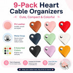 Confezione da 9 organizer per cavi in pelle a forma di cuore, simpatici cinturini in pelle PU per cavi di ricarica e cuffie, avvolgicavo riutilizzabile con clip a scatto in metallo