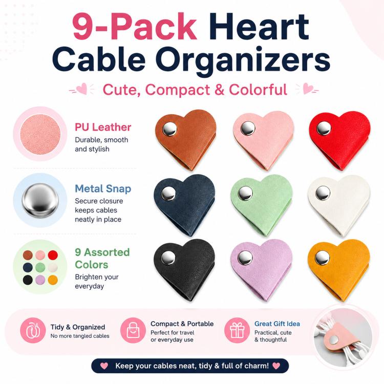 Confezione da 9 organizer per cavi in pelle a forma di cuore, simpatici cinturini in pelle PU per cavi di ricarica e cuffie, avvolgicavo riutilizzabile con clip a scatto in metallo