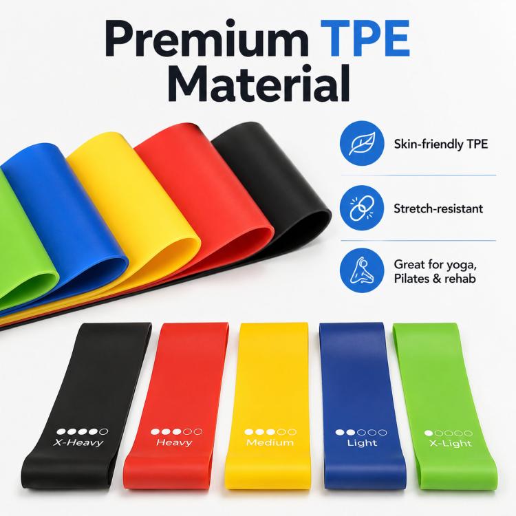 Set di 5 fasce elastiche di resistenza in TPE per esercizi, con borsa per il trasporto., 600 x 50mm
