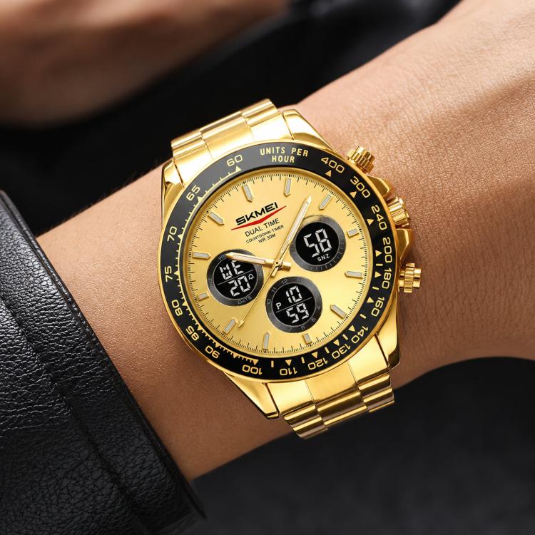 Orologio digitale da uomo SKMEI 2587 con cinturino in acciaio inossidabile, triplo quadrante, cronografo e impermeabilità fino a 30 metri.