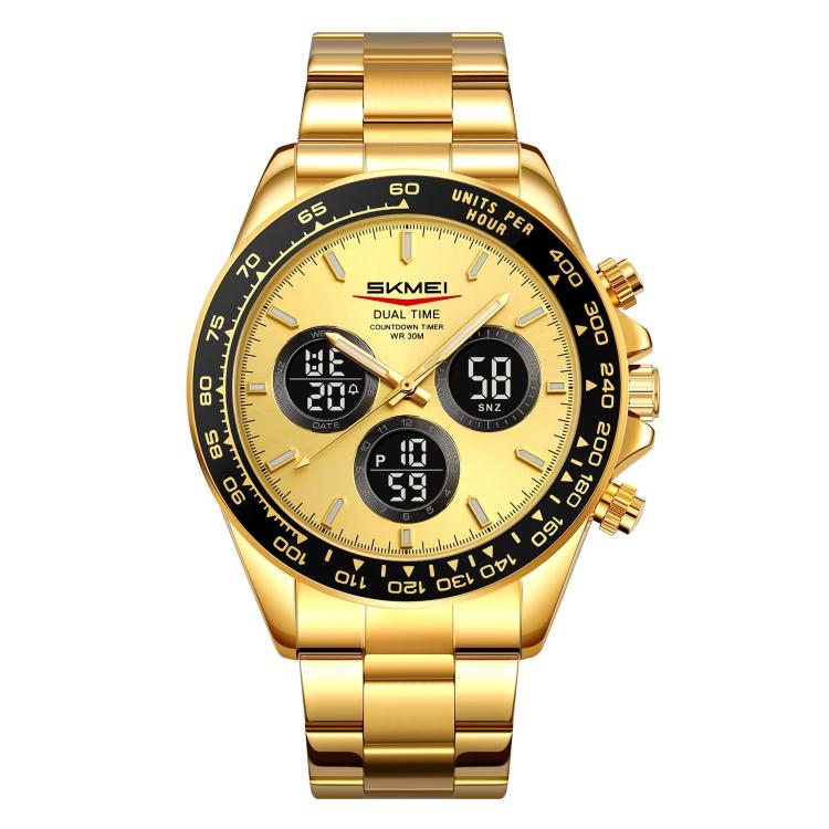 Orologio digitale da uomo SKMEI 2587 con cinturino in acciaio inossidabile, triplo quadrante, cronografo e impermeabilità fino a 30 metri.