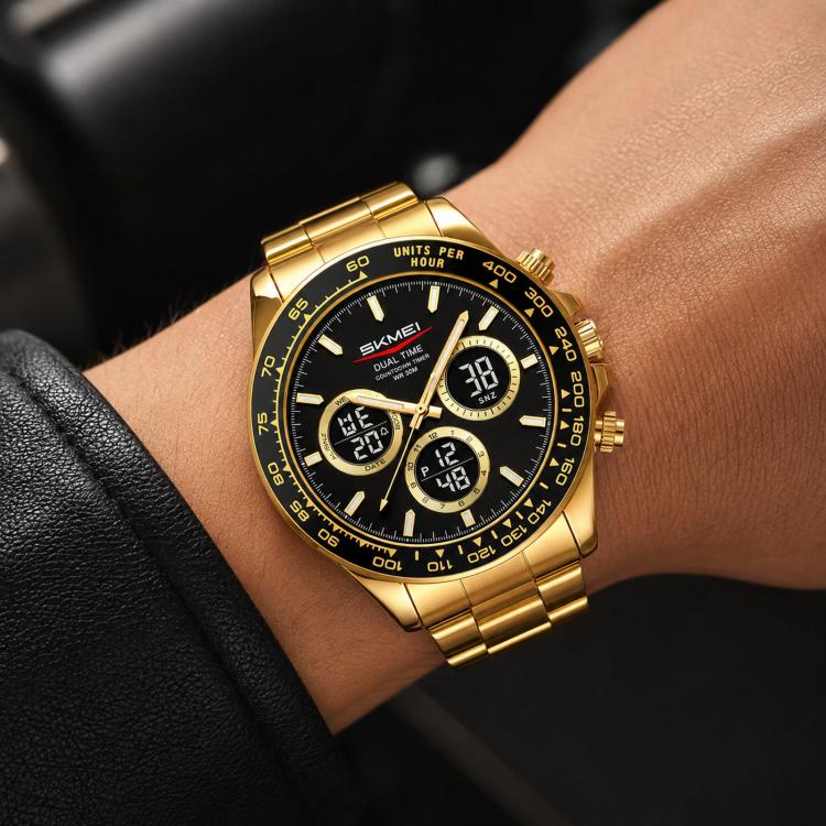 Orologio digitale da uomo SKMEI 2587 con cinturino in acciaio inossidabile, triplo quadrante, cronografo e impermeabilità fino a 30 metri.
