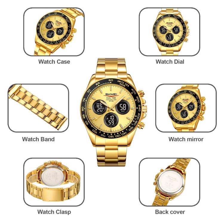 Orologio digitale da uomo SKMEI 2587 con cinturino in acciaio inossidabile, triplo quadrante, cronografo e impermeabilità fino a 30 metri.