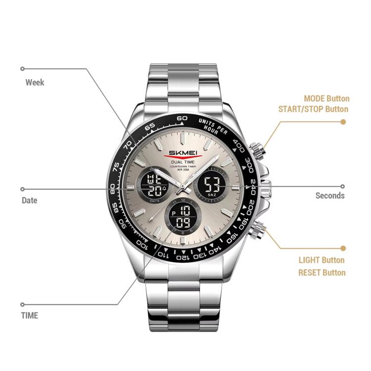 Orologio digitale da uomo SKMEI 2587 con cinturino in acciaio inossidabile, triplo quadrante, cronografo e impermeabilità fino a 30 metri.