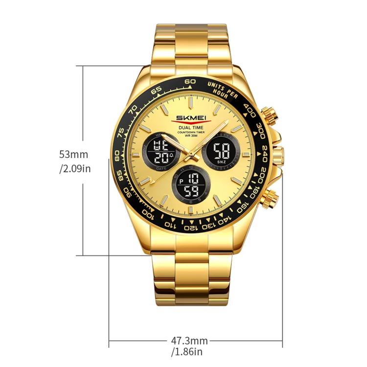 Orologio digitale da uomo SKMEI 2587 con cinturino in acciaio inossidabile, triplo quadrante, cronografo e impermeabilità fino a 30 metri.