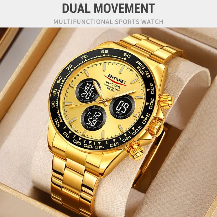 Orologio digitale da uomo SKMEI 2587 con cinturino in acciaio inossidabile, triplo quadrante, cronografo e impermeabilità fino a 30 metri.