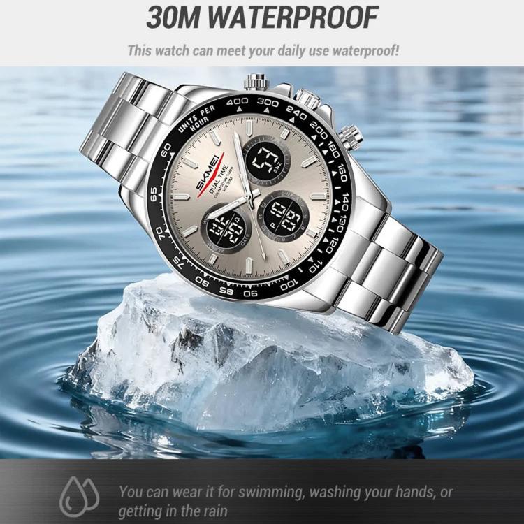 Orologio digitale da uomo SKMEI 2587 con cinturino in acciaio inossidabile, triplo quadrante, cronografo e impermeabilità fino a 30 metri.