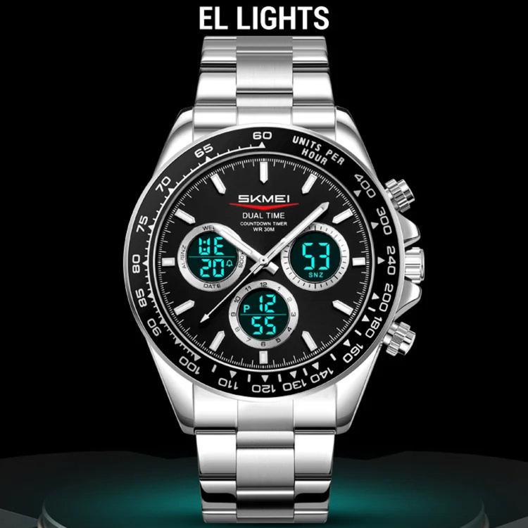 Orologio digitale da uomo SKMEI 2587 con cinturino in acciaio inossidabile, triplo quadrante, cronografo e impermeabilità fino a 30 metri.