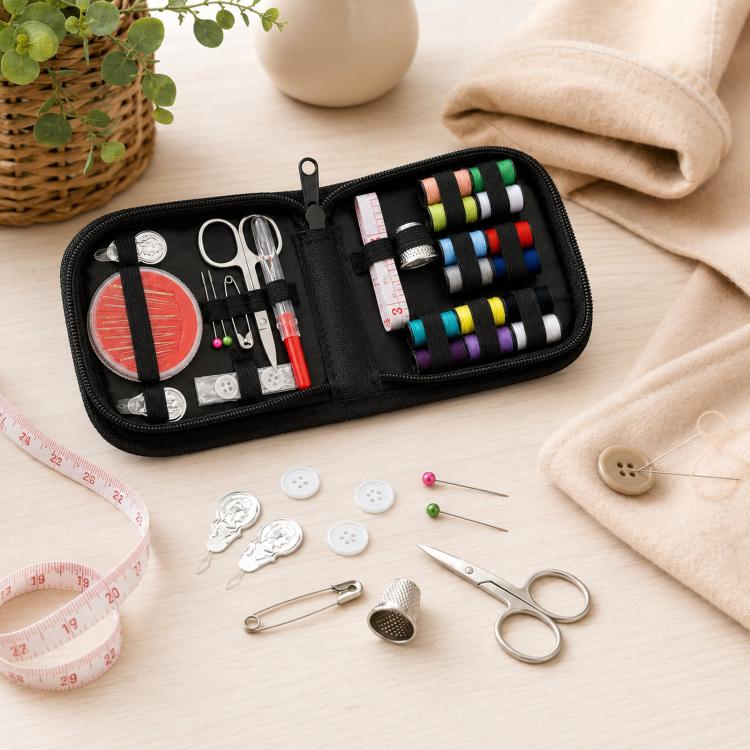 Set da cucito portatile da 27 pezzi con mini accessori per cucito, 14 colori di filo, forbici, metro a nastro, aghi e custodia, kit da cucito da viaggio per principianti.