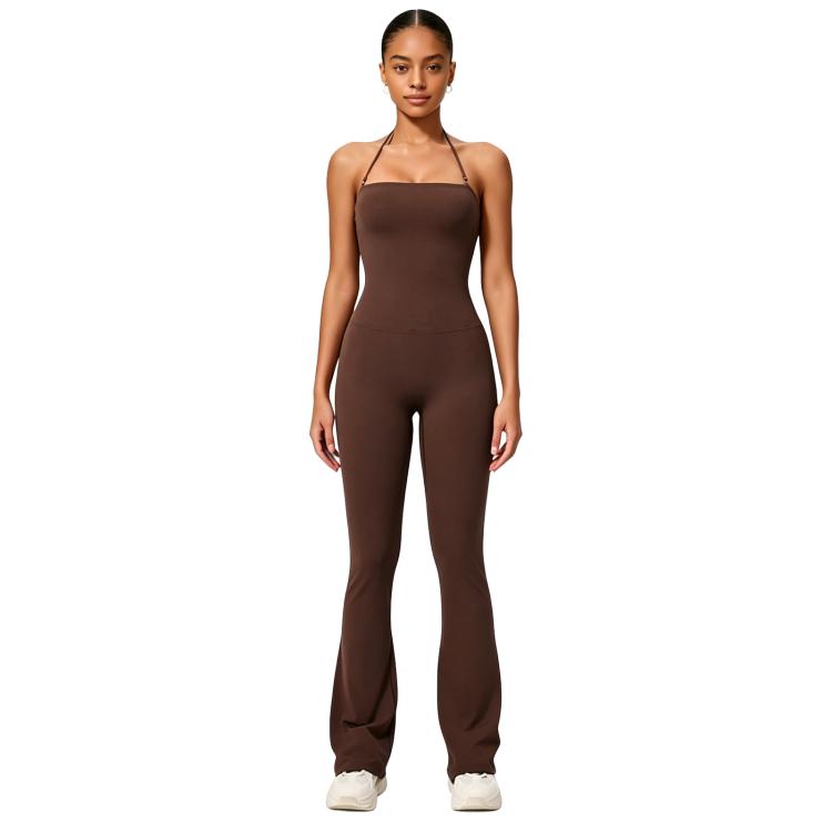 Tuta intera da yoga con scollo all'americana e effetto push-up per i fianchi, abbigliamento casual svasato da donna per fitness e yoga., S, M, L