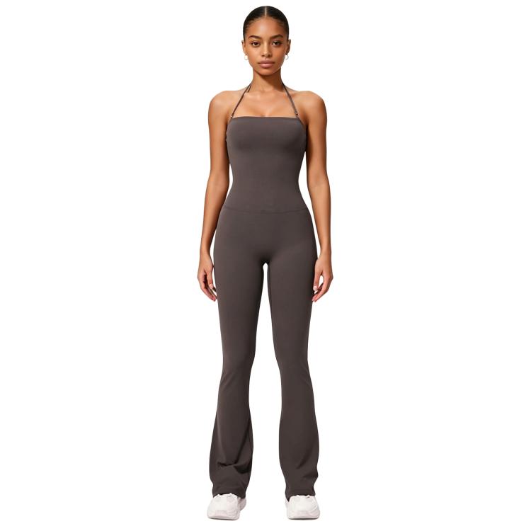 Tuta intera da yoga con scollo all'americana e effetto push-up per i fianchi, abbigliamento casual svasato da donna per fitness e yoga., S, M, L