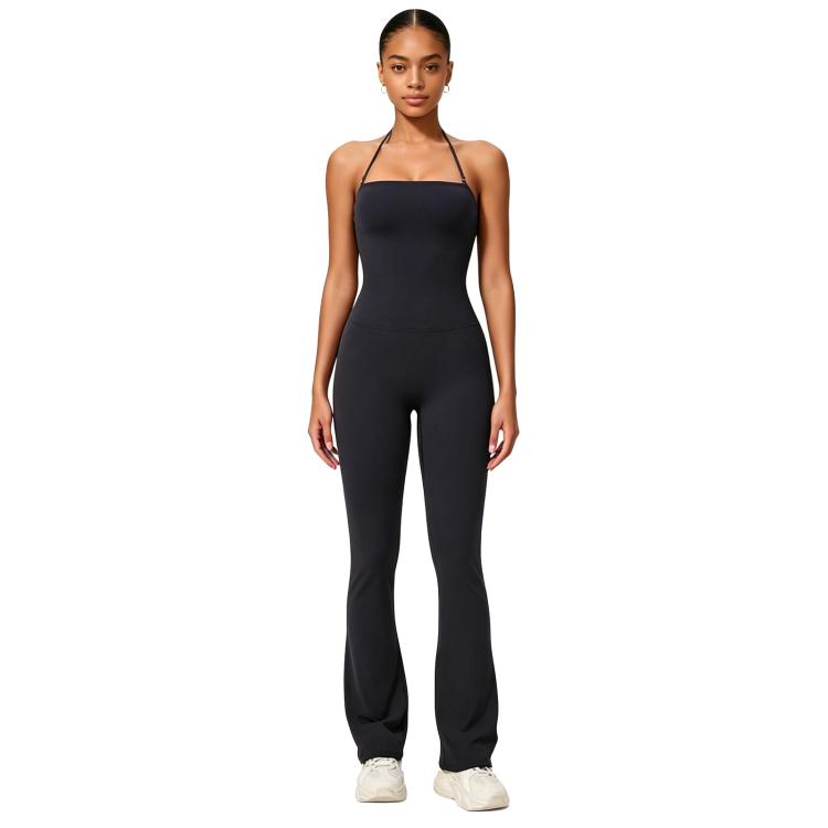 Tuta intera da yoga con scollo all'americana e effetto push-up per i fianchi, abbigliamento casual svasato da donna per fitness e yoga., S, M, L