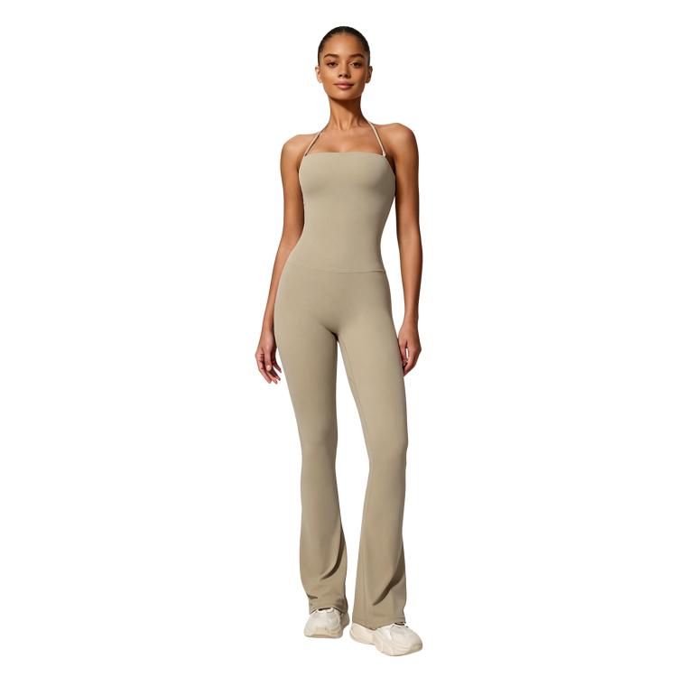 Tuta intera da yoga con scollo all'americana e effetto push-up per i fianchi, abbigliamento casual svasato da donna per fitness e yoga., S, M, L