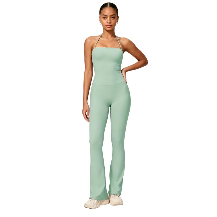 Tuta intera da yoga con scollo all'americana e effetto push-up per i fianchi, abbigliamento casual svasato da donna per fitness e yoga., XL