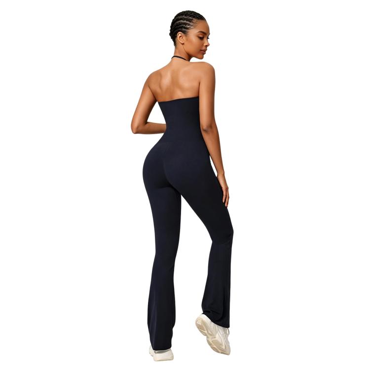 Tuta intera da yoga con scollo all'americana e effetto push-up per i fianchi, abbigliamento casual svasato da donna per fitness e yoga., S, M, L