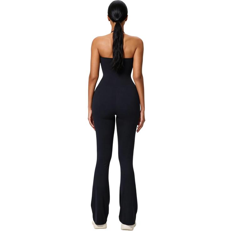 Tuta intera da yoga con scollo all'americana e effetto push-up per i fianchi, abbigliamento casual svasato da donna per fitness e yoga., XL