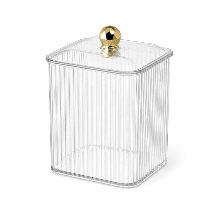 Porta cotton fioc in PET con coperchio, dispenser trasparente per cotton fioc, organizer per dischetti di cotone per il trucco, filo interdentale e accessori per capelli.