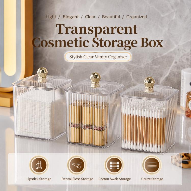 Porta cotton fioc in PET con coperchio, dispenser trasparente per cotton fioc, organizer per dischetti di cotone per il trucco, filo interdentale e accessori per capelli.