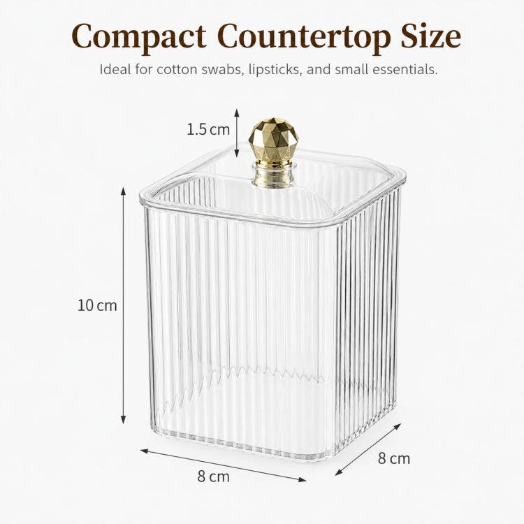 Porta cotton fioc in PET con coperchio, dispenser trasparente per cotton fioc, organizer per dischetti di cotone per il trucco, filo interdentale e accessori per capelli.