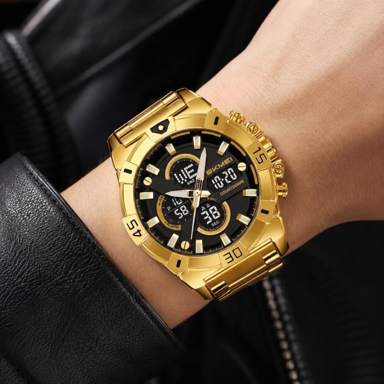 Orologio sportivo da uomo SKMEI 2593 con doppio display, cinturino in acciaio inossidabile, luminescenti e resistenza all'acqua fino a 30 metri.
