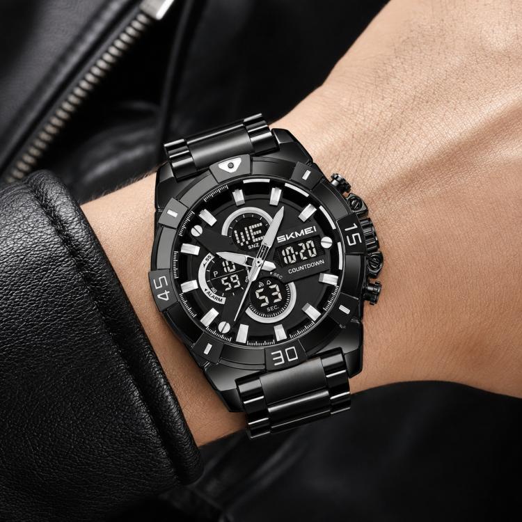 Orologio sportivo da uomo SKMEI 2593 con doppio display, cinturino in acciaio inossidabile, luminescenti e resistenza all'acqua fino a 30 metri.