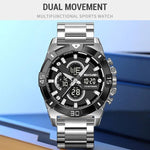 Orologio sportivo da uomo SKMEI 2593 con doppio display, cinturino in acciaio inossidabile, luminescenti e resistenza all'acqua fino a 30 metri.